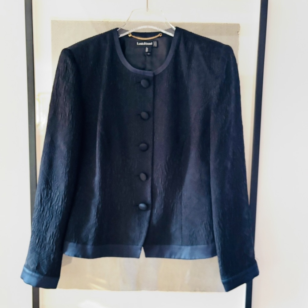 Vintage Louis Feraud silk jacket, tonal pattern, ribbon trim bow detail size 12